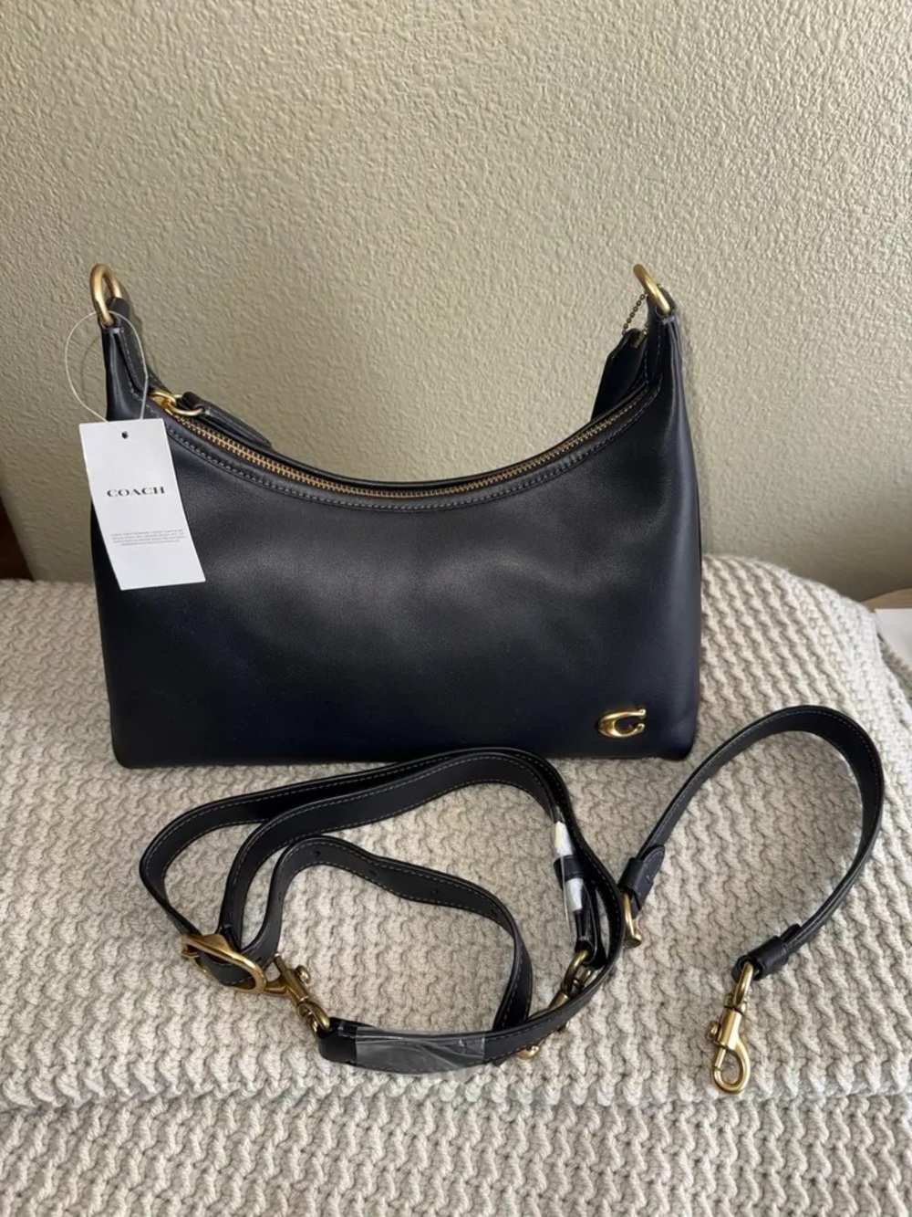 Coach Black Leather Shoulder Bag with Gold-Tone Hardware